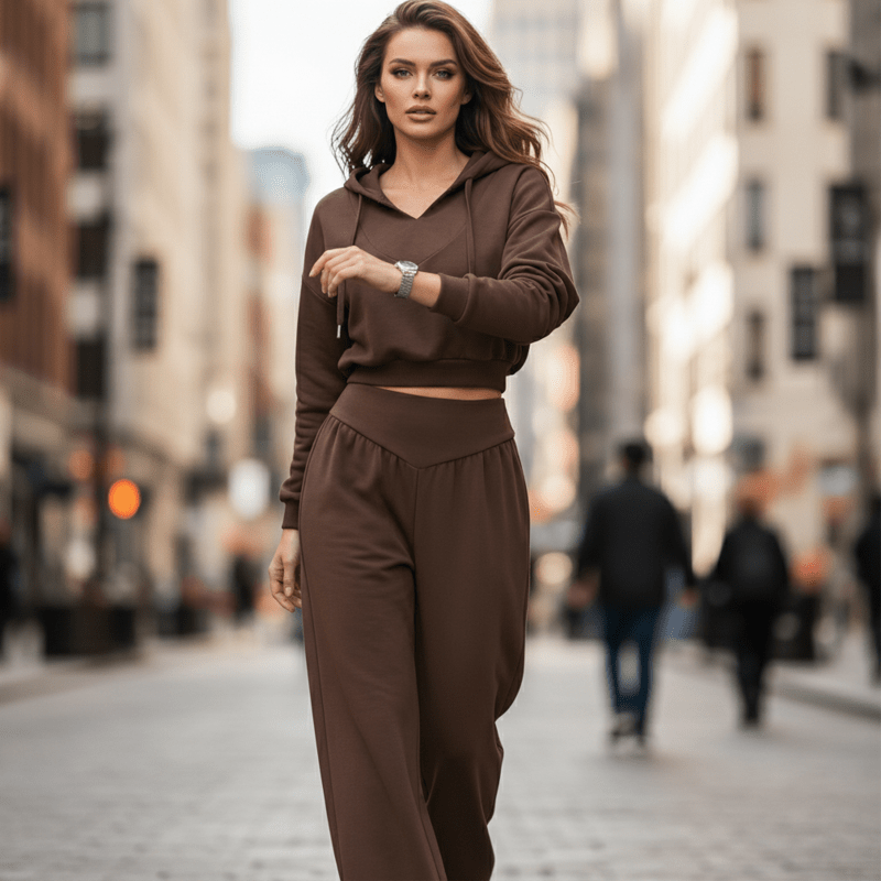 Wina Women's Set | Cozy Loungewear, Two Piece Wide - Leg Pants and Crop Hoodie - Hartwella