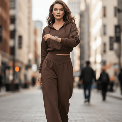 Wina Women's Set | Cozy Loungewear, Two Piece Wide - Leg Pants and Crop Hoodie - Hartwella