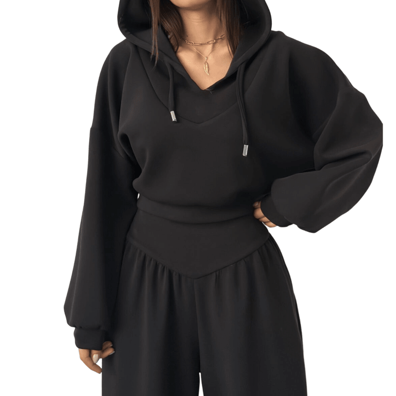 Wina Women's Set | Cozy Loungewear, Two Piece Wide - Leg Pants and Crop Hoodie - Hartwella