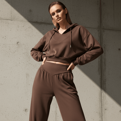 Wina Women's Set | Cozy Loungewear, Two Piece Wide - Leg Pants and Crop Hoodie - Hartwella