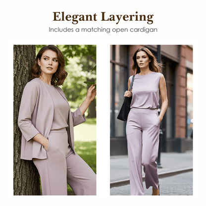 Wina Women's Set | Soft Polyester Loungewear, Includes Top, Cardigan & Wide - Leg Pants - Hartwella