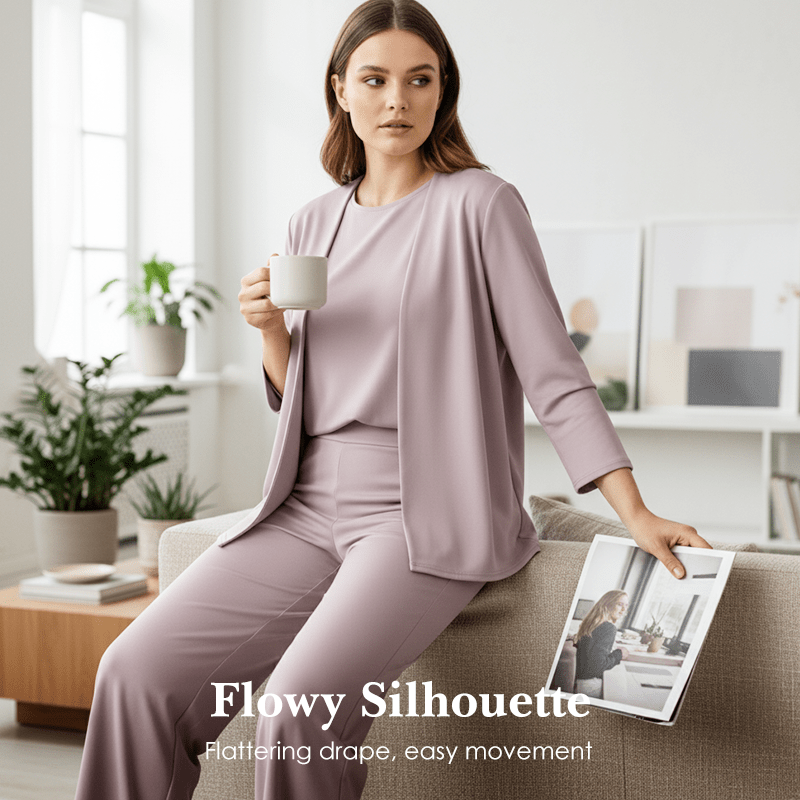 Wina Women's Set | Soft Polyester Loungewear, Includes Top, Cardigan & Wide - Leg Pants - Hartwella